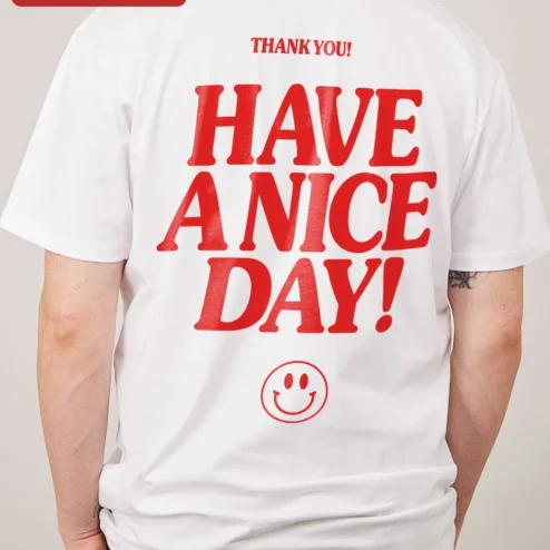 Close-up of Have A Nice Day! Retro Typography Ringer Tee for Men for streetwear fans in Chicago, Illinois