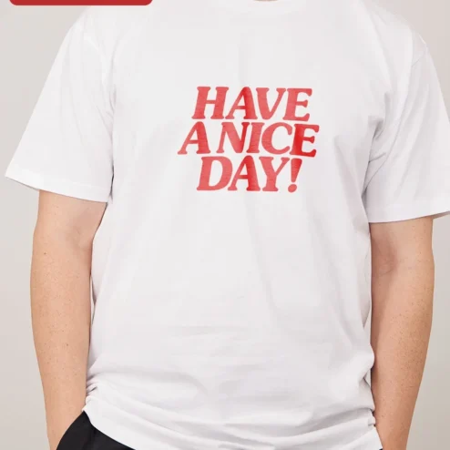 Close-up of Have A Nice Day! Retro Typography Ringer Tee for Men for streetwear fans in Chicago, Illinois