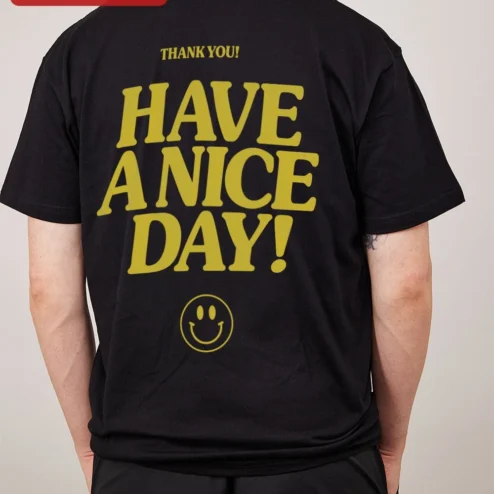 Close-up of Have A Nice Day! Retro Typography Ringer Tee for Men for streetwear fans in Chicago, Illinois