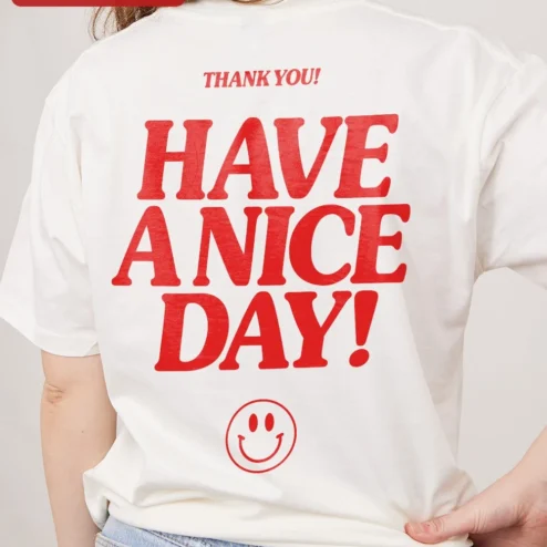 Customer in Chicago, Illinois wearing Have A Nice Day! Retro Typography Ringer Tee for Men