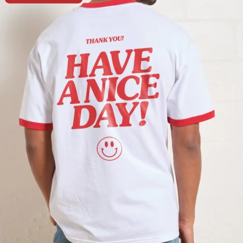 Close-up of Have A Nice Day! Retro Typography Ringer Tee for Men for streetwear fans in Chicago, Illinois