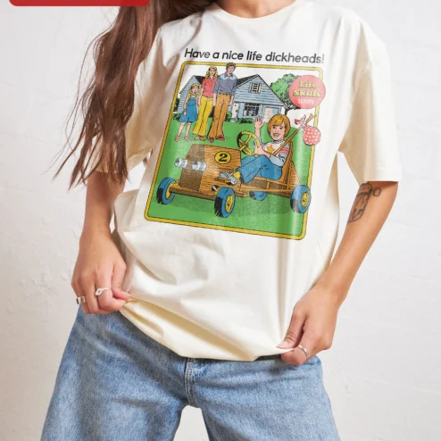 Have a Nice Life Dickheads Tee Life Skills Series Retro Comic Graphic Shirt on a hanger, ready to ship from Chicago, Illinois