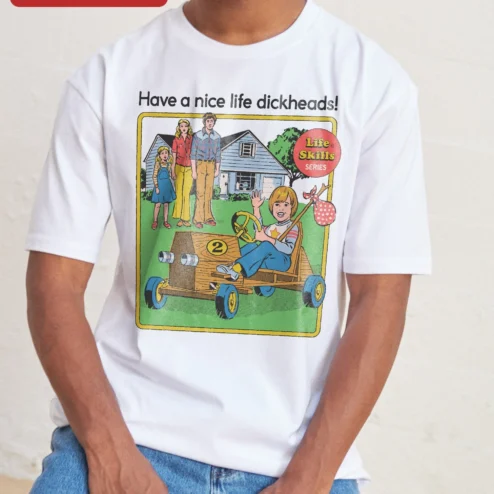 Customer in Chicago, Illinois wearing Have a Nice Life Dickheads Tee Life Skills Series Retro Comic Graphic Shirt