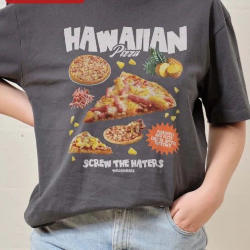 Hawaiian Pizza Screw The Haters Funny Graphic Tee Pineapple On Pizza Debate Gift on a hanger, ready to ship from Chicago, Illinois