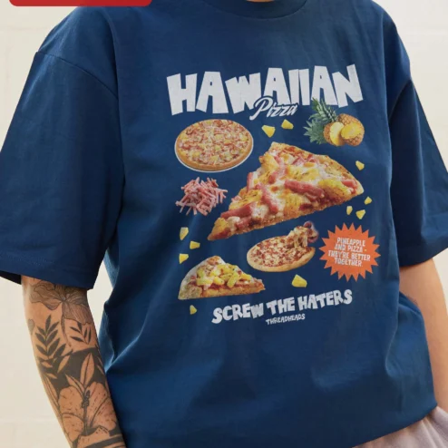 Close-up of Hawaiian Pizza Screw The Haters Funny Graphic Tee Pineapple On Pizza Debate Gift for streetwear fans in Chicago, Illinois