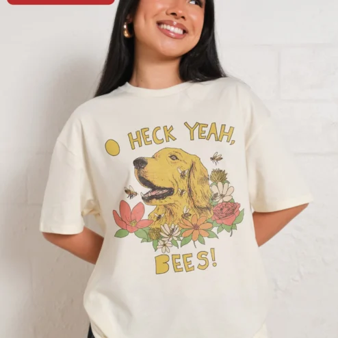 Heck Yeah Bees Golden Retriever Graphic Tee Funny Bee Lover Shirt for Gardeners and Beekeepers on a hanger, ready to ship from Chicago, Illinois