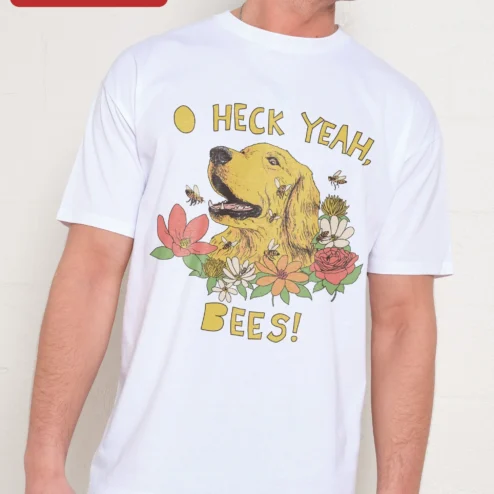 Customer in Chicago, Illinois wearing Heck Yeah Bees Golden Retriever Graphic Tee Funny Bee Lover Shirt for Gardeners and Beekeepers