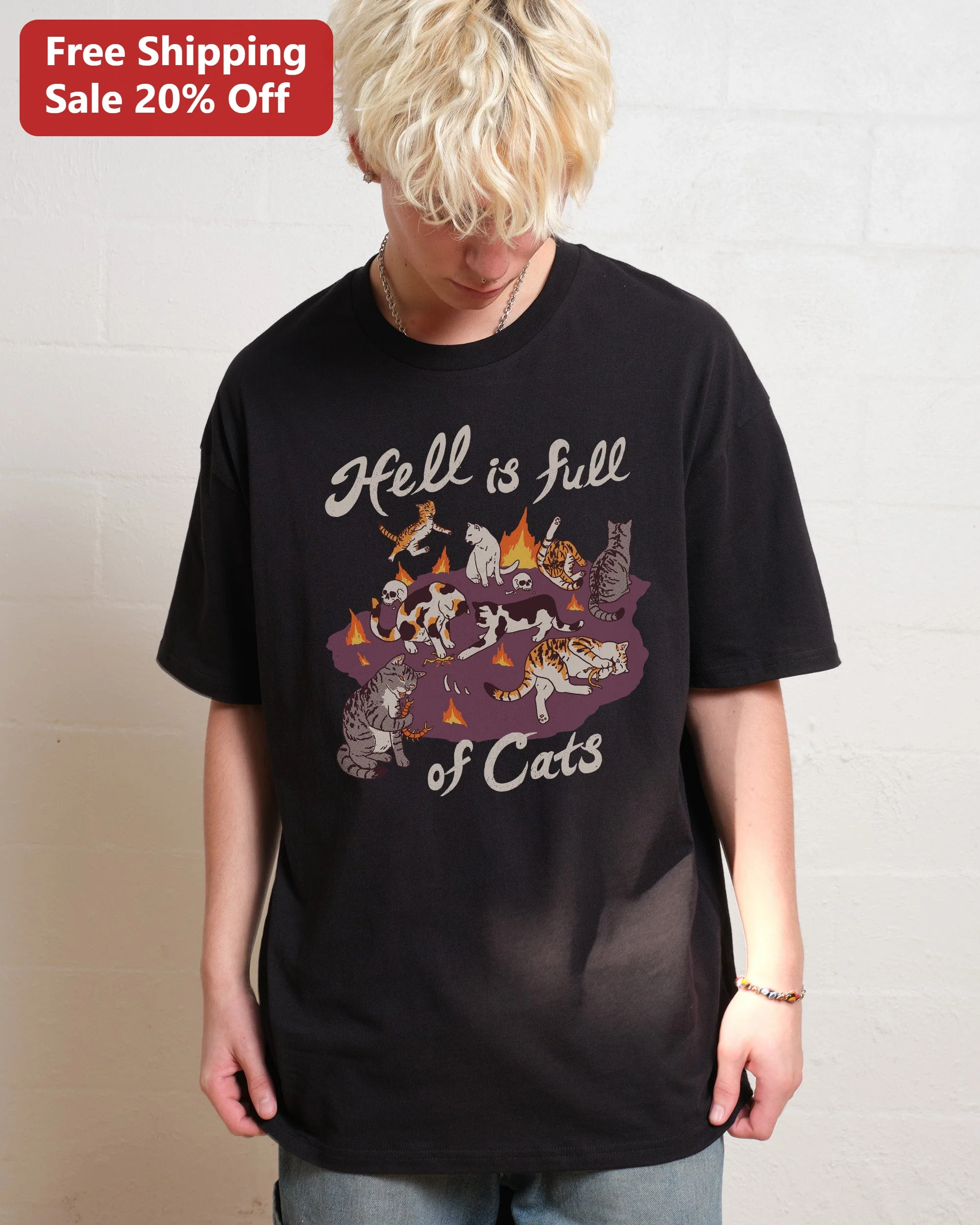 Hell is Full of Cats Tee Funny Dark Humor Cat Lover Graphic Shirt Retro Vintage Style Gift for Women Men Halloween