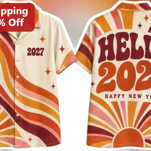Hello 2027 Happy New Year Camp Shirt Retro Vintage Sunburst Pattern Button Up Holiday Party Gift available at our Chicago, Illinois warehouse