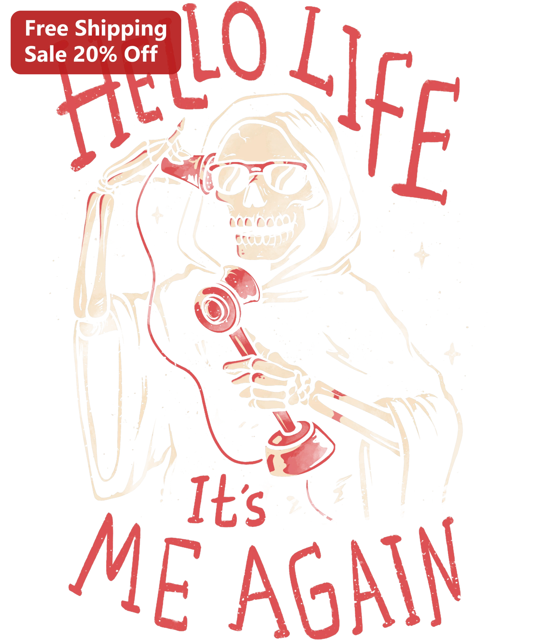 HELLO LIFE It's ME AGAIN Grim Reaper Tee Funny Vintage Skull Graphic Shirt for Music Fans
