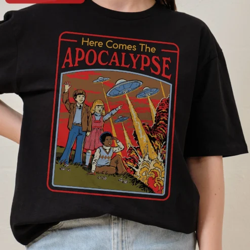 Here Comes The Apocalypse Tee Retro Sci-Fi UFO Comic Graphic Shirt Funny Disaster Prep Humor Gift for Men Women