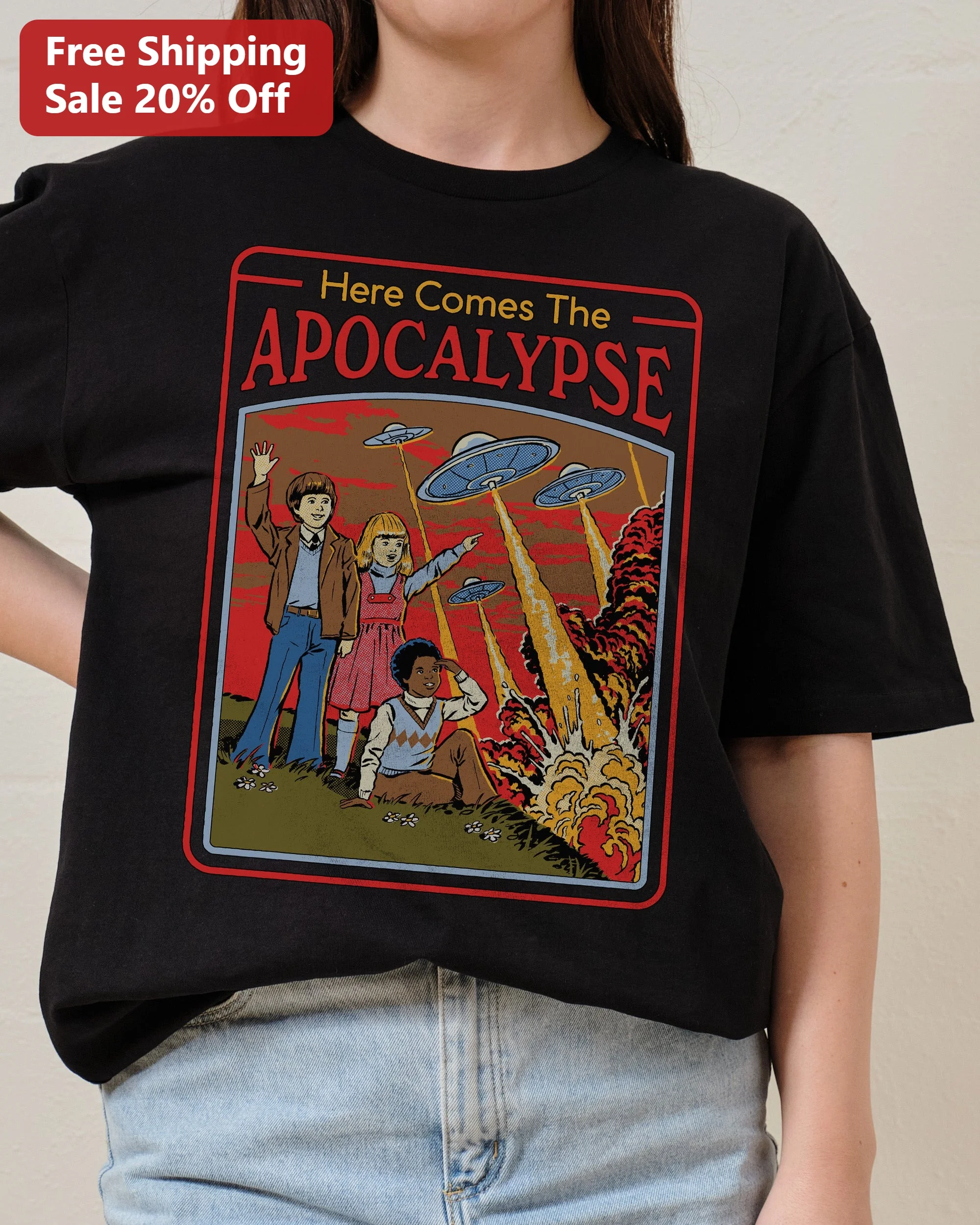 Here Comes The Apocalypse Tee Retro Sci-Fi UFO Comic Graphic Shirt Funny Disaster Prep Humor Gift for Men Women