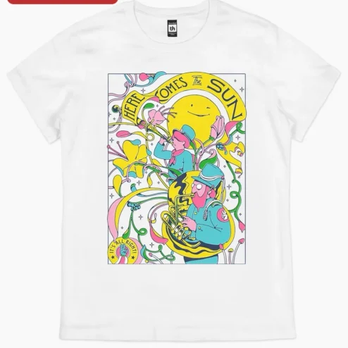 Here Comes the Sun It's All Right Beatles Inspired Psychedelic Art Nouveau Graphic Tee for Music Lov on a hanger, ready to ship from Chicago, Illinois