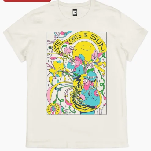 Here Comes the Sun It's All Right Beatles Inspired Psychedelic Art Nouveau Graphic Tee for Music Lovers