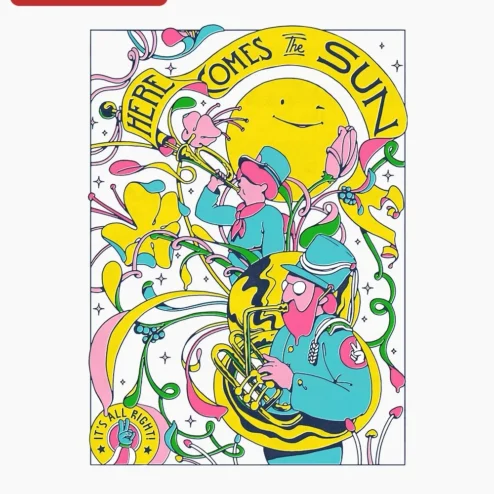 Customer in Chicago, Illinois wearing Here Comes The Sun It's All Right Retro Psychedelic Beatles Inspired Music Poster Wall Art Decor