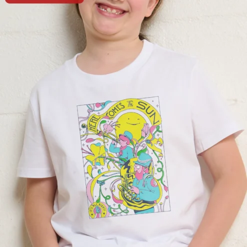 Here Comes The Sun It's Alright Kids Tee Beatles Inspired Psychedelic Graphic T-Shirt on a hanger, ready to ship from Chicago, Illinois