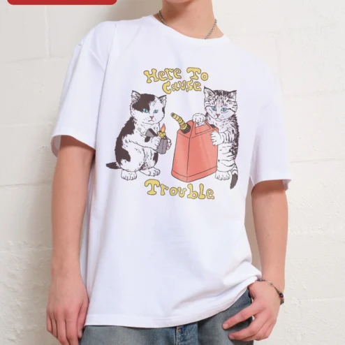 Customer in Chicago, Illinois wearing Here To Cause Trouble Tee Funny Mischievous Cats Retro Cartoon Graphic Shirt
