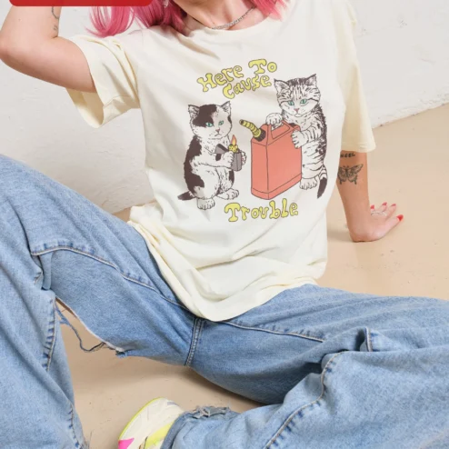 Here To Cause Trouble Tee Funny Mischievous Cats Retro Cartoon Graphic Shirt