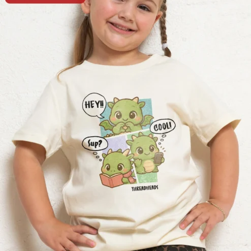 Hey Sup Cool Kawaii Dragon Comic Graphic Tee for Kids Girls on a hanger, ready to ship from Chicago, Illinois