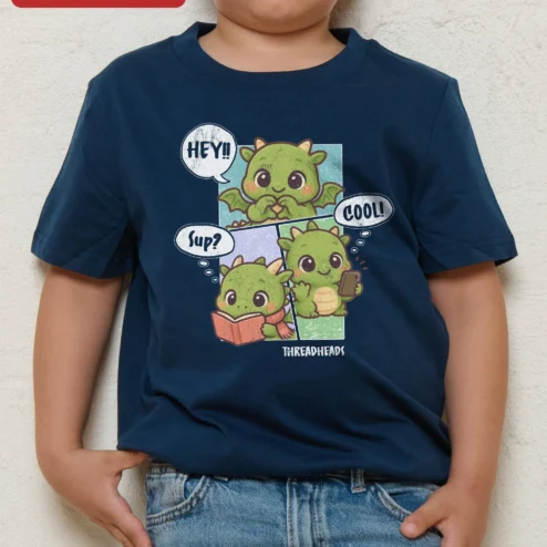 Customer in Chicago, Illinois wearing Hey Sup Cool Kawaii Dragon Comic Graphic Tee for Kids Girls
