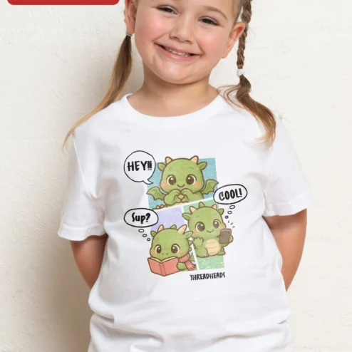 Close-up of Hey Sup Cool Kawaii Dragon Comic Graphic Tee for Kids Girls for streetwear fans in Chicago, Illinois