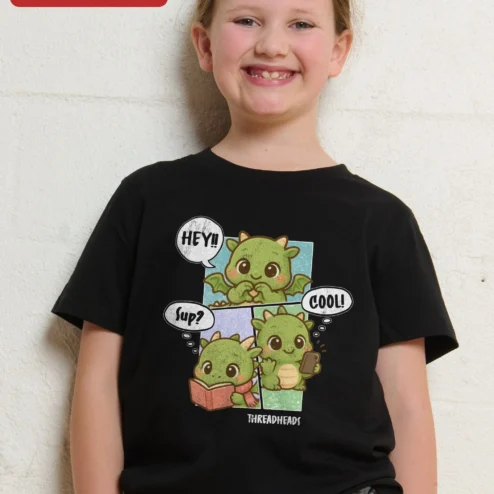 Hey Sup Cool Kawaii Dragon Comic Graphic Tee for Kids Girls