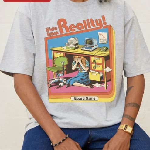 Customer in Chicago, Illinois wearing Hide from Reality Board Game Tee Retro Comic Office Humor Shirt for Gamers