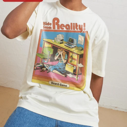 Close-up of Hide from Reality Board Game Tee Retro Comic Office Humor Shirt for Gamers for streetwear fans in Chicago, Illinois