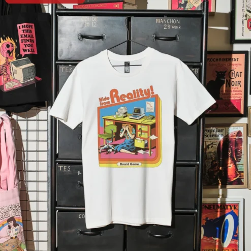 Customer in Chicago, Illinois wearing Hide from Reality Board Game Tee Retro Comic Office Humor Shirt for Gamers