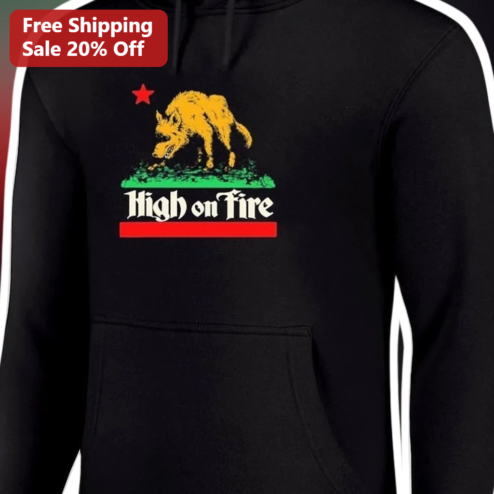 High on Fire Hoodie Black Stoner Wolf California Republic Parody Graphic Pullover for Men Women