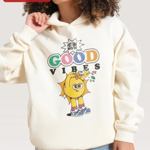 Hit Em With The Good Vibes Hoodie Retro Cartoon Sun Positive Energy Pullover on a hanger, ready to ship from Chicago, Illinois