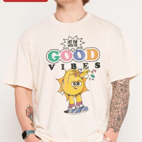 Hit Em With The Good Vibes Retro Cartoon Sun Graphic Tee