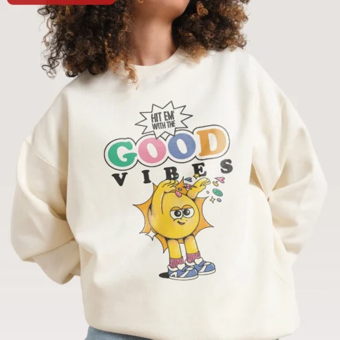 Hit Em With The Good Vibes Sweatshirt Retro Cartoon Sun Positive Energy Crewneck