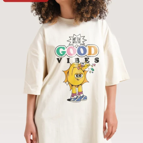 Hit Em With The Good Vibes Tee Retro Cartoon Sun Graphic Shirt Positive Energy Oversized Cotton Top