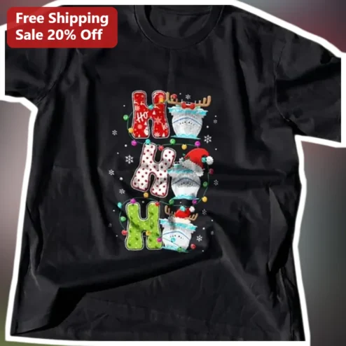 HO HO HO Christmas Shark Graphic Tee Funny Holiday Gift for Men Women