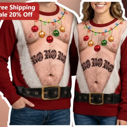 HO HO HO Ugly Christmas Sweater Funny Santa Belly Holiday Party Pullover Gift for Men Women