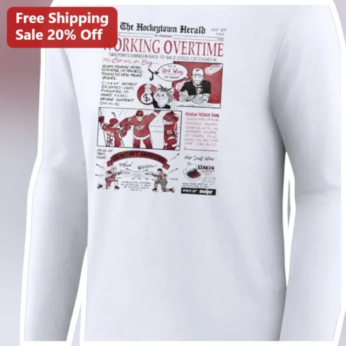 Hockeytown Herald Working Overtime Long Sleeve Tee Detroit Red Wings Fan Vintage Newspaper Graphic Shirt