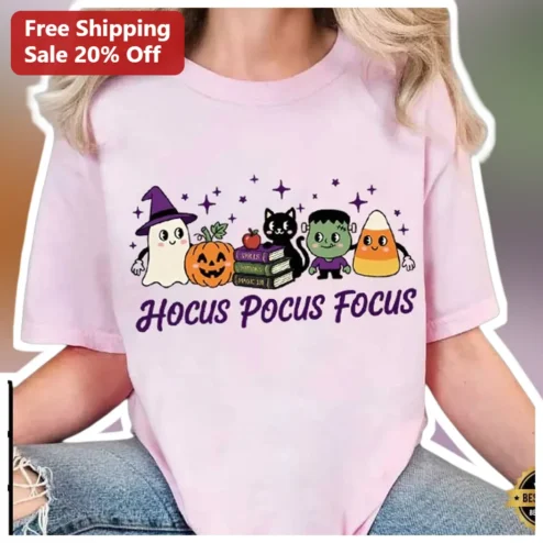 Hocus Pocus Focus Tee Cute Halloween Teacher Shirt Kawaii Ghost Cat Graphic