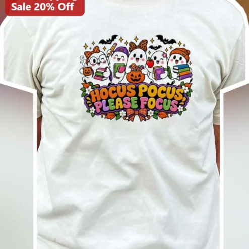 Hocus Pocus Please Focus Cute Ghost Teacher Tee Halloween Study Season Gift