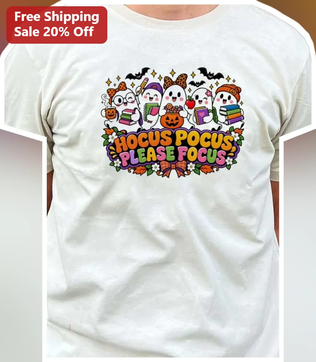 Hocus Pocus Please Focus Cute Ghost Teacher Tee Halloween Study Season Gift