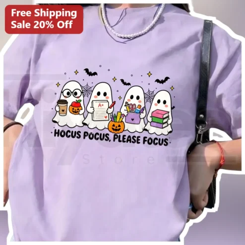 Hocus Pocus Please Focus Tee Cute Halloween Teacher Shirt Ghosts Coffee Books Gift