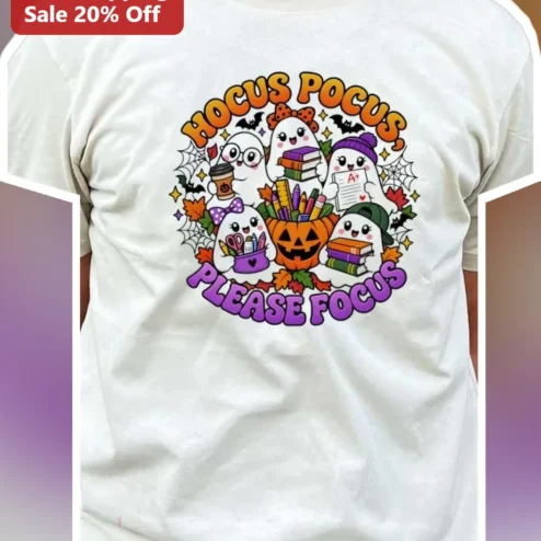 Hocus Pocus Please Focus Tee Halloween Teacher Ghost Graphic Shirt