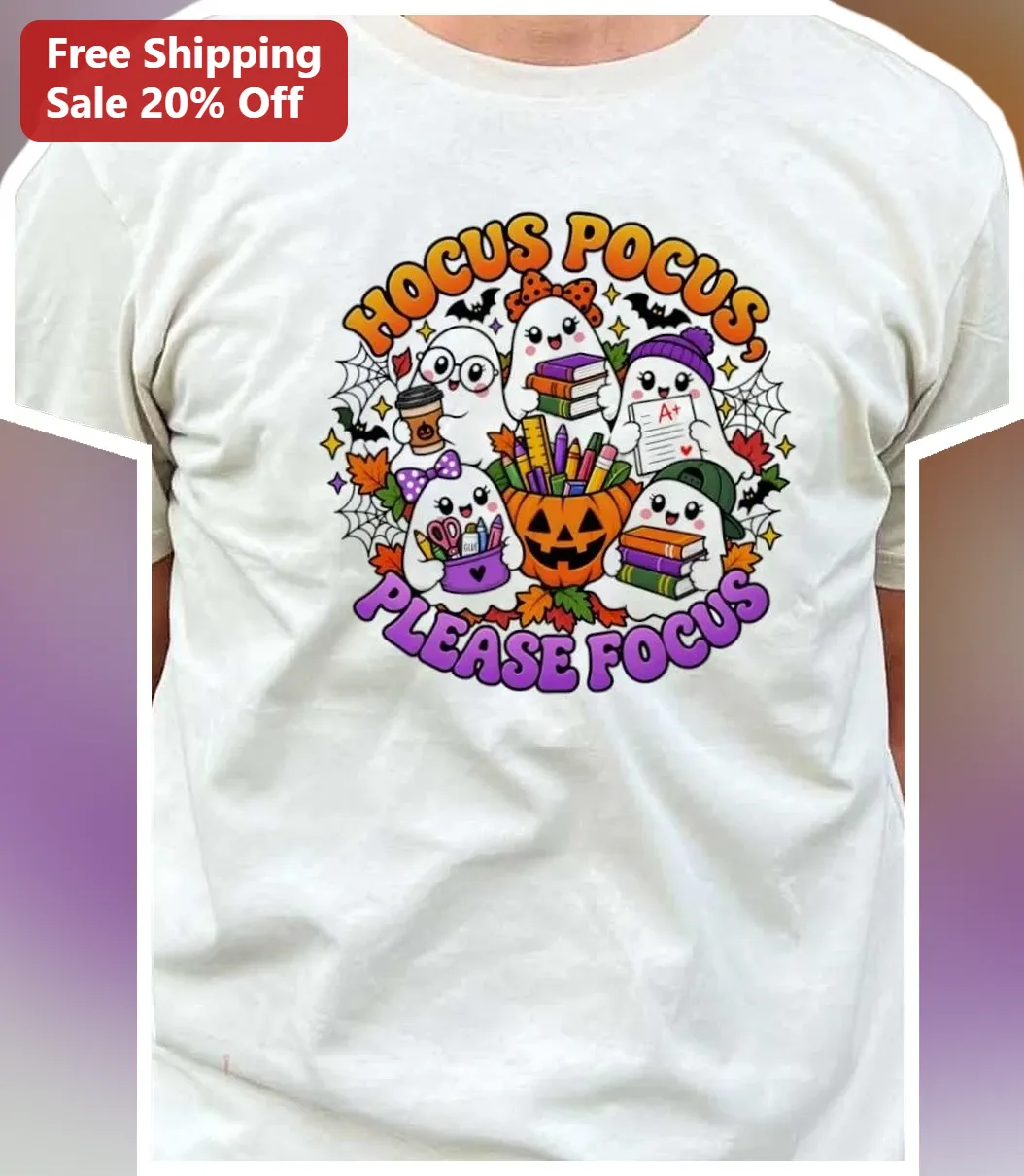 Hocus Pocus Please Focus Tee Halloween Teacher Ghost Graphic Shirt