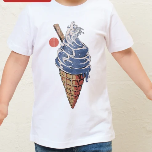 Hokusai Wave Ice Cream Cone Tee Great Wave Off Kanagawa Ukiyo-e Art Graphic Shirt on a hanger, ready to ship from Chicago, Illinois