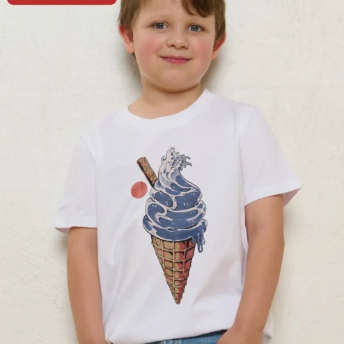 Close-up of Hokusai Wave Ice Cream Cone Tee Great Wave Off Kanagawa Ukiyo-e Art Graphic Shirt for streetwear fans in Chicago, Illinois
