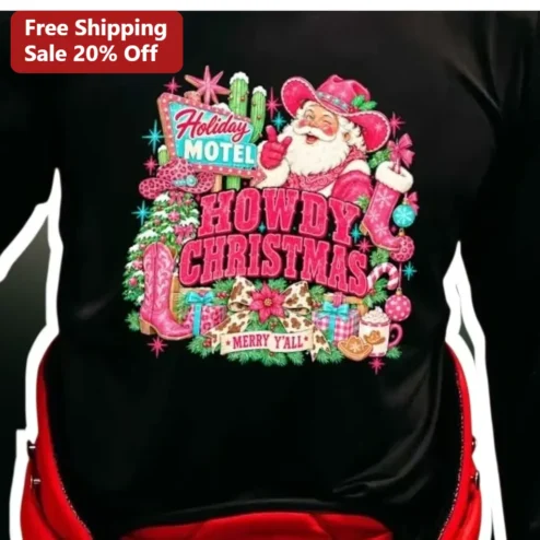 Holiday Motel Howdy Christmas Merry Y'All Southern Western Santa Graphic Tee
