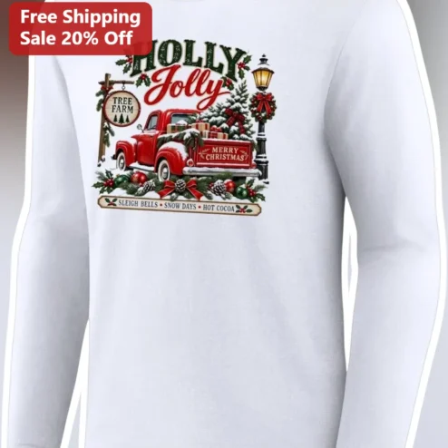 Holly Jolly Tree Farm Vintage Truck Christmas Long Sleeve Tee Holiday Gift