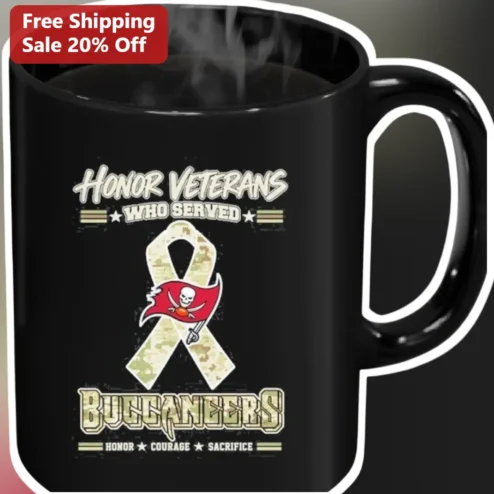 Honor Veterans Who Served Buccaneers Mug, Courage Sacrifice Camo Ribbon Coffee Cup for NFL Fans and Military Appreciation