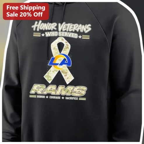 Honor Veterans Who Served Rams NFL Fan Hoodie, Courage Sacrifice Camo Ribbon Pullover for Military Appreciation
