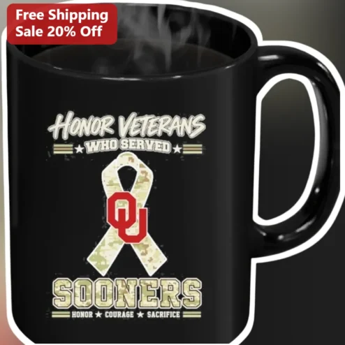 Honor Veterans Who Served Sooners Mug, OU Camo Ribbon Coffee Cup for Military Fans and Alumni